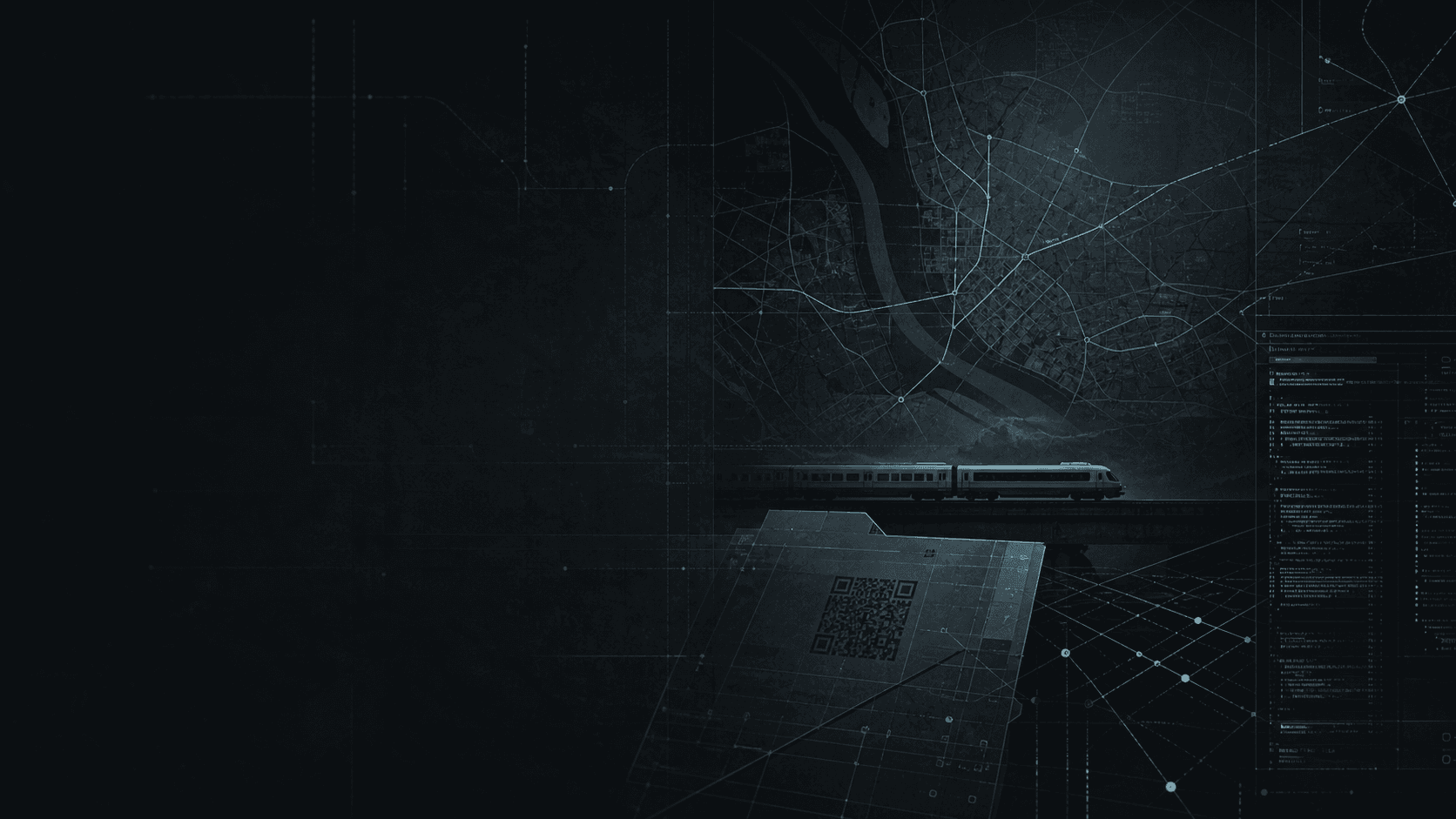 Abstract workflow atlas connecting rail lines, map points, a ticket shape, interface panels, and code fragments.