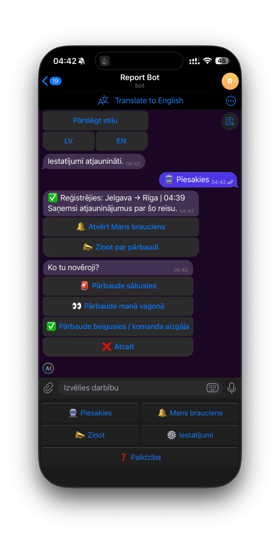 Train Bot chat showing language controls, check-in for a Jelgava to Riga departure, and reporting actions.