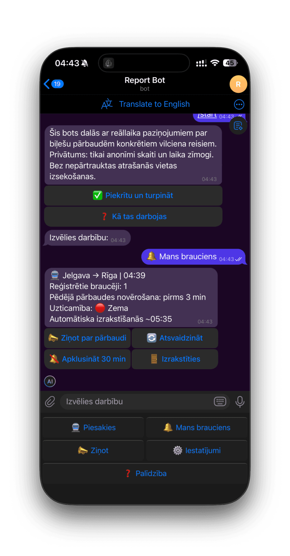 Train Bot ride status card with consent text, confidence indicator, and actions for report, refresh, mute, and unsubscribe.