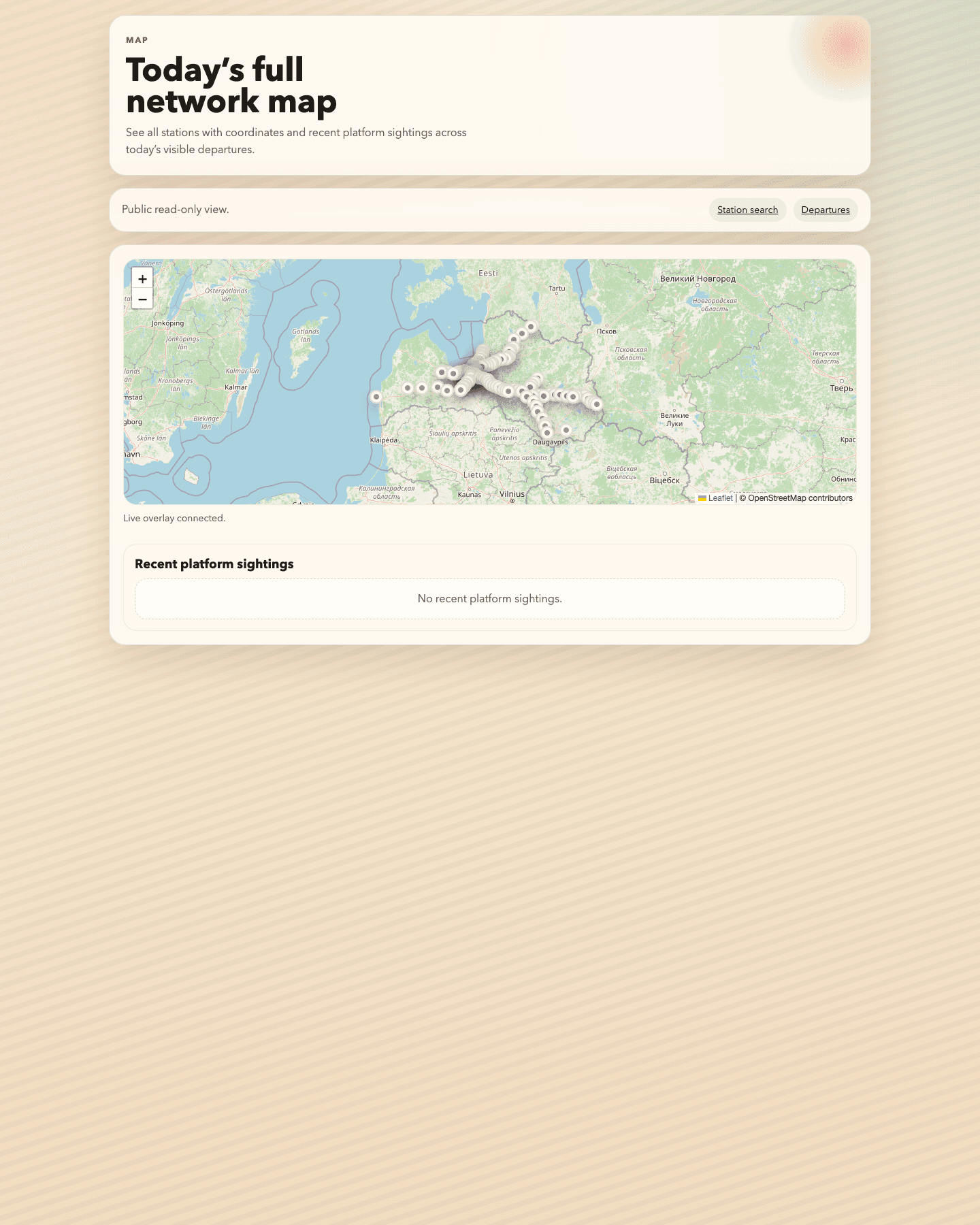 Train Bot public network map showing stations across today's visible routes.