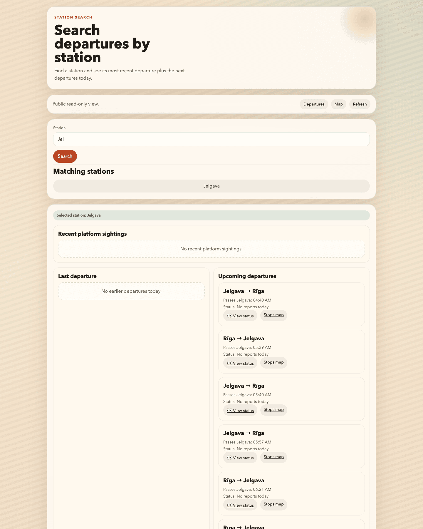 Train Bot station search view with Jelgava selected and upcoming departures listed.