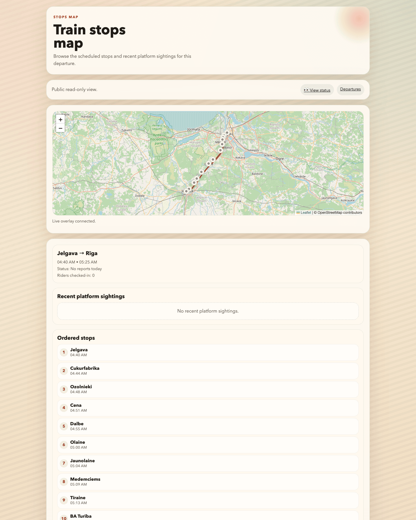 Train Bot public stops map for a Jelgava to Riga departure with route line and ordered stop list.