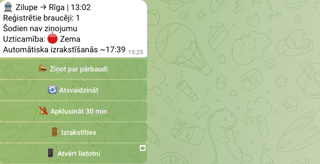 Train Bot active ride status card in Telegram Web for a Zilupe to Riga departure with confidence detail and actions for report, refresh, mute, and unsubscribe.
