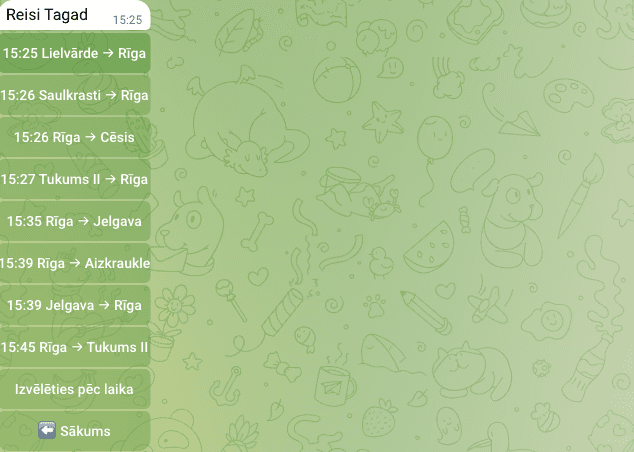 Train Bot route selection card in Telegram Web listing several nearby departures, including Jelgava to Riga.